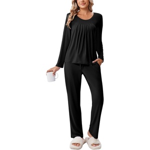 image:imageEkouaer Fall Pajamas for Women Set 2 Piece Loose Fit Sleepwear Long Sleeve Sleep Set Pjs Loungewear With PocketBlack