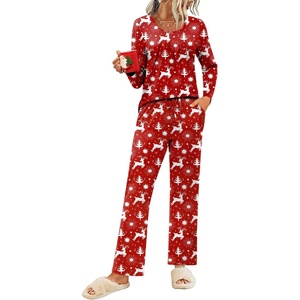 image:imageEkouaer Fall Pajamas for Women Set 2 Piece Loose Fit Sleepwear Long Sleeve Sleep Set Pjs Loungewear With PocketChristmas Red