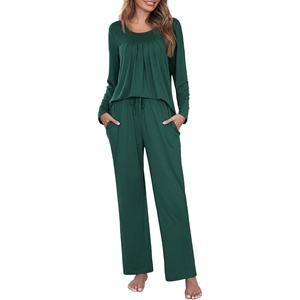 image:imageEkouaer Fall Pajamas for Women Set 2 Piece Loose Fit Sleepwear Long Sleeve Sleep Set Pjs Loungewear With PocketGreen