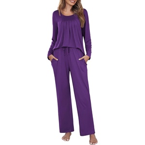 image:imageEkouaer Fall Pajamas for Women Set 2 Piece Loose Fit Sleepwear Long Sleeve Sleep Set Pjs Loungewear With PocketPurple