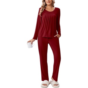 image:imageEkouaer Fall Pajamas for Women Set 2 Piece Loose Fit Sleepwear Long Sleeve Sleep Set Pjs Loungewear With PocketWine Red