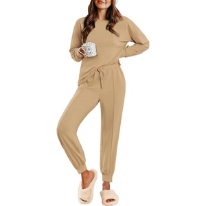 image:imageEkouaer Lounge Sets for Women 2 Piece Jogger Pajama Long Sleeve Pants Loungewear Sweatsuits Casual Matching OutfitsKhaki