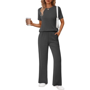 image:imageEkouaer Lounge Sets for Women 2 Piece Matching Travel Outfits 2026 Loose Short Sleeve Top Wide Leg Pants PocketsDark Grey
