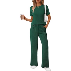 image:imageEkouaer Lounge Sets for Women 2 Piece Matching Travel Outfits 2026 Loose Short Sleeve Top Wide Leg Pants PocketsForestgreen