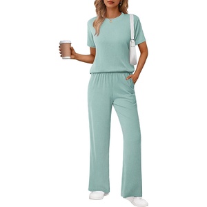 image:imageEkouaer Lounge Sets for Women 2 Piece Matching Travel Outfits 2026 Loose Short Sleeve Top Wide Leg Pants PocketsGlacial Green
