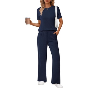 image:imageEkouaer Lounge Sets for Women 2 Piece Matching Travel Outfits 2026 Loose Short Sleeve Top Wide Leg Pants PocketsNavy Blue