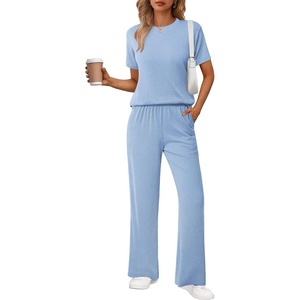 image:imageEkouaer Lounge Sets for Women 2 Piece Matching Travel Outfits 2026 Loose Short Sleeve Top Wide Leg Pants PocketsSky Blue