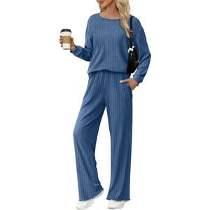 image:imageEkouaer Lounge Sets for Women Comfy Ribbed Knit Pajamas Fall Long Sleeve Sleepwear 2 Piece Casual LoungewearSXXLBlue