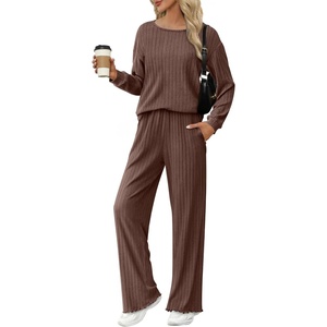 image:imageEkouaer Lounge Sets for Women Comfy Ribbed Knit Pajamas Fall Long Sleeve Sleepwear 2 Piece Casual LoungewearSXXLBrown