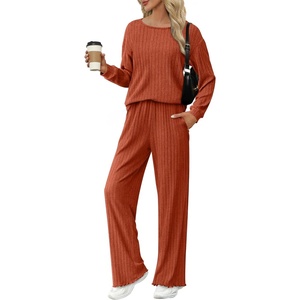 image:imageEkouaer Lounge Sets for Women Comfy Ribbed Knit Pajamas Fall Long Sleeve Sleepwear 2 Piece Casual LoungewearSXXLCaramel