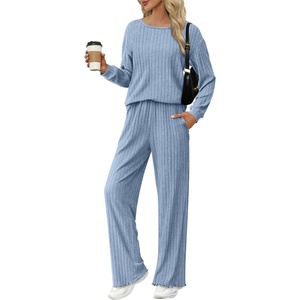 image:imageEkouaer Lounge Sets for Women Comfy Ribbed Knit Pajamas Fall Long Sleeve Sleepwear 2 Piece Casual LoungewearSXXLClear Blue