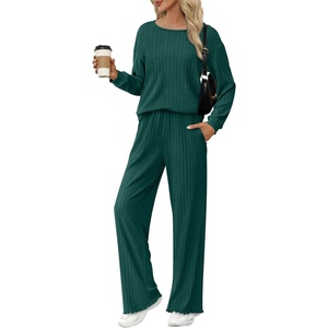 image:imageEkouaer Lounge Sets for Women Comfy Ribbed Knit Pajamas Fall Long Sleeve Sleepwear 2 Piece Casual LoungewearSXXLDark Green