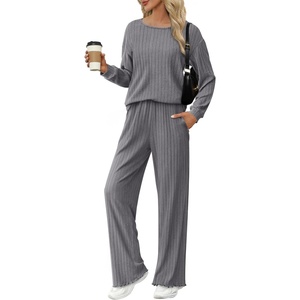 image:imageEkouaer Lounge Sets for Women Comfy Ribbed Knit Pajamas Fall Long Sleeve Sleepwear 2 Piece Casual LoungewearSXXLGrey