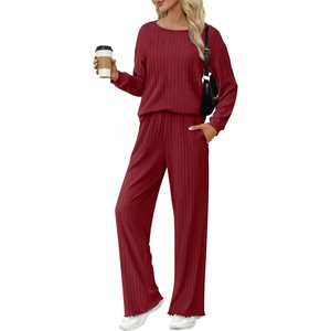 image:imageEkouaer Lounge Sets for Women Comfy Ribbed Knit Pajamas Fall Long Sleeve Sleepwear 2 Piece Casual LoungewearSXXLWine Red