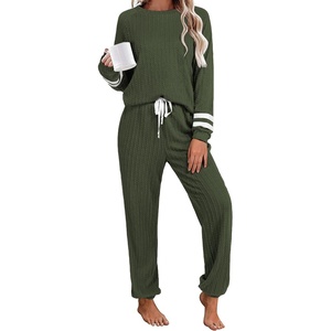 image:imageEkouaer Lounge Sets for Women Ribbed Knit Outfits Pajamas Sets 2 Piece Long Sleeve Sweatsuits with PocketsArmy Green