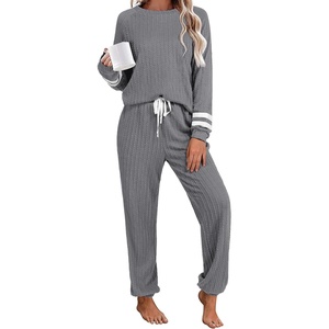 image:imageEkouaer Lounge Sets for Women Ribbed Knit Outfits Pajamas Sets 2 Piece Long Sleeve Sweatsuits with PocketsDark Grey