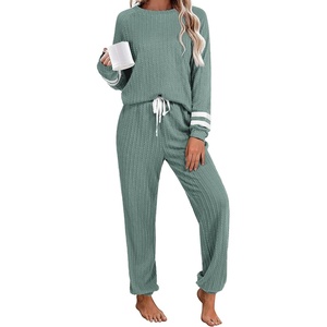 image:imageEkouaer Lounge Sets for Women Ribbed Knit Outfits Pajamas Sets 2 Piece Long Sleeve Sweatsuits with PocketsGreen