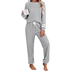 image:imageEkouaer Lounge Sets for Women Ribbed Knit Outfits Pajamas Sets 2 Piece Long Sleeve Sweatsuits with PocketsGrey