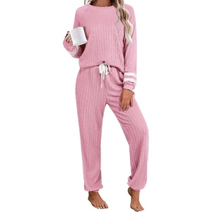 image:imageEkouaer Lounge Sets for Women Ribbed Knit Outfits Pajamas Sets 2 Piece Long Sleeve Sweatsuits with PocketsPink