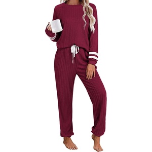 image:imageEkouaer Lounge Sets for Women Ribbed Knit Outfits Pajamas Sets 2 Piece Long Sleeve Sweatsuits with PocketsWine Red