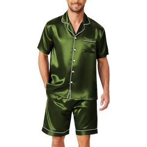 image:imageEkouaer Mens Pajamas Set Silk Satin Sleepwear Short Sleeve Button Down Pjs Set 2 Piece Loungewear with Pockets SXXLDark Army Green