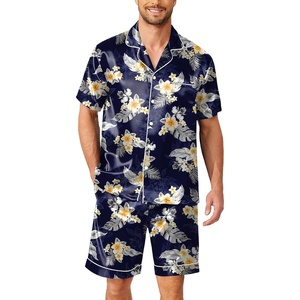 image:imageEkouaer Mens Pajamas Set Silk Satin Sleepwear Short Sleeve Button Down Pjs Set 2 Piece Loungewear with Pockets SXXLHawaiian Flowers