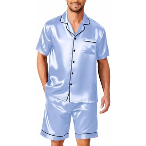 image:imageEkouaer Mens Pajamas Set Silk Satin Sleepwear Short Sleeve Button Down Pjs Set 2 Piece Loungewear with Pockets SXXLLight Blue