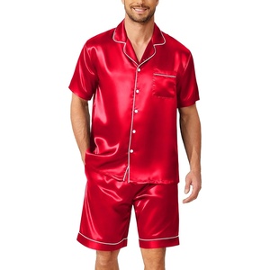 image:imageEkouaer Mens Pajamas Set Silk Satin Sleepwear Short Sleeve Button Down Pjs Set 2 Piece Loungewear with Pockets SXXLRed