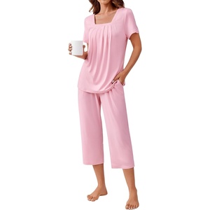image:imageEkouaer Pajama Set for Women Short Sleeve Top With Capri Pants Pjs 2 Piece Square Neck Loungewear Soft Sleepwear with PocketsVeiled Rose
