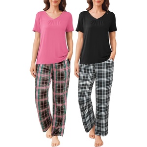 image:imageEkouaer Pajama Sets for Women 2 Pack Short Sleeve with Long Pant Pjs Sleepwear Comfy Lounge Sets with PocketsBlack PlaidRose Pliad