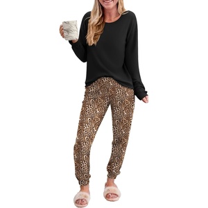 image:imageEkouaer Pajama Sets for Women 2 Piece Plaid Pjs Long Sleeve Lounge Sets Comfy Gingham Nightwear with PocketsBrown Leopard