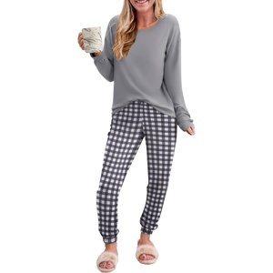 image:imageEkouaer Pajama Sets for Women 2 Piece Plaid Pjs Long Sleeve Lounge Sets Comfy Gingham Nightwear with PocketsGrey and White Plaid