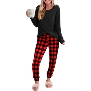 image:imageEkouaer Pajama Sets for Women 2 Piece Plaid Pjs Long Sleeve Lounge Sets Comfy Gingham Nightwear with PocketsRed and Black Plaid