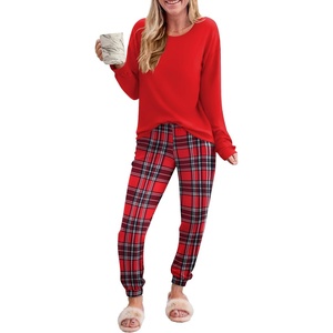 image:imageEkouaer Pajama Sets for Women 2 Piece Plaid Pjs Long Sleeve Lounge Sets Comfy Gingham Nightwear with PocketsRed and White Plaid
