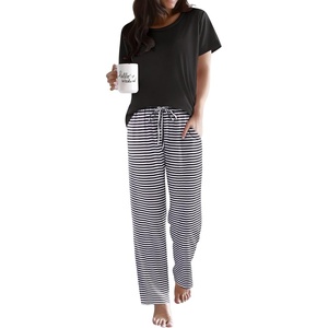 image:imageEkouaer Pajama Sets for Women Round Neck Pjs Short Sleeve Sleepwear with Long Pants Loose Lounge SetsBlack White Striped