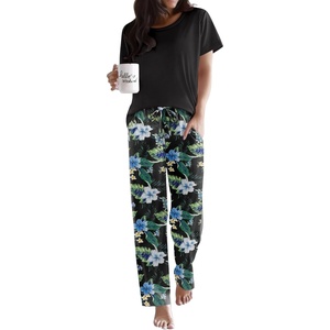image:imageEkouaer Pajama Sets for Women Round Neck Pjs Short Sleeve Sleepwear with Long Pants Loose Lounge SetsBlackblue Flower