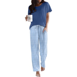 image:imageEkouaer Pajama Sets for Women Round Neck Pjs Short Sleeve Sleepwear with Long Pants Loose Lounge SetsBlue Leaves