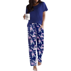 image:imageEkouaer Pajama Sets for Women Round Neck Pjs Short Sleeve Sleepwear with Long Pants Loose Lounge SetsBluenavy Flamingo