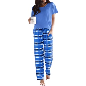 image:imageEkouaer Pajama Sets for Women Round Neck Pjs Short Sleeve Sleepwear with Long Pants Loose Lounge SetsBluewhite Plaid