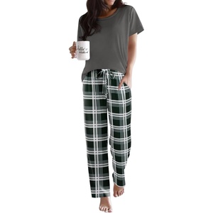 image:imageEkouaer Pajama Sets for Women Round Neck Pjs Short Sleeve Sleepwear with Long Pants Loose Lounge SetsDeep Greywhite Plaid