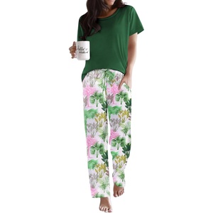 image:imageEkouaer Pajama Sets for Women Round Neck Pjs Short Sleeve Sleepwear with Long Pants Loose Lounge SetsGreen Hawaii Trees