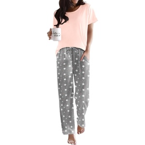 image:imageEkouaer Pajama Sets for Women Round Neck Pjs Short Sleeve Sleepwear with Long Pants Loose Lounge SetsGrey Star