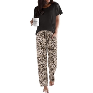 image:imageEkouaer Pajama Sets for Women Round Neck Pjs Short Sleeve Sleepwear with Long Pants Loose Lounge SetsLeopard
