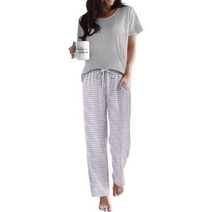 image:imageEkouaer Pajama Sets for Women Round Neck Pjs Short Sleeve Sleepwear with Long Pants Loose Lounge SetsLight Grey Striped