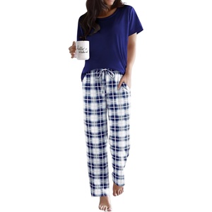 image:imageEkouaer Pajama Sets for Women Round Neck Pjs Short Sleeve Sleepwear with Long Pants Loose Lounge SetsNavy Bluewhite Plaid