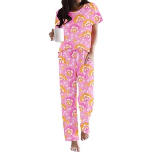 image:imageEkouaer Pajama Sets for Women Round Neck Pjs Short Sleeve Sleepwear with Long Pants Loose Lounge SetsPink Cashew Flower