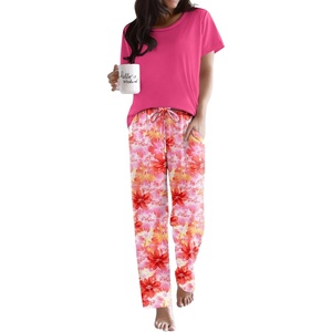 image:imageEkouaer Pajama Sets for Women Round Neck Pjs Short Sleeve Sleepwear with Long Pants Loose Lounge SetsPink Flowers