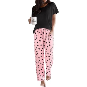 image:imageEkouaer Pajama Sets for Women Round Neck Pjs Short Sleeve Sleepwear with Long Pants Loose Lounge SetsPinkblack Heart