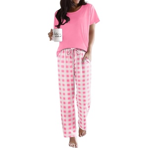 image:imageEkouaer Pajama Sets for Women Round Neck Pjs Short Sleeve Sleepwear with Long Pants Loose Lounge SetsPinkwhite Plaid