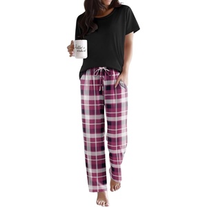 image:imageEkouaer Pajama Sets for Women Round Neck Pjs Short Sleeve Sleepwear with Long Pants Loose Lounge SetsPurplewhite Plaid